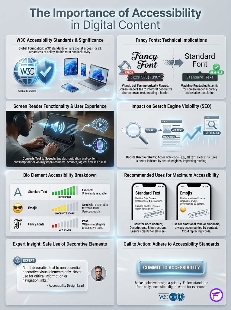 Infographic on digital content accessibility, featuring W3C standards, screen reader functionality, and accessibility tips.