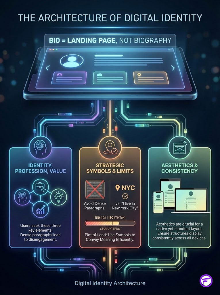 Infographic illustrating digital identity architecture with sections on identity, symbols, and aesthetics.