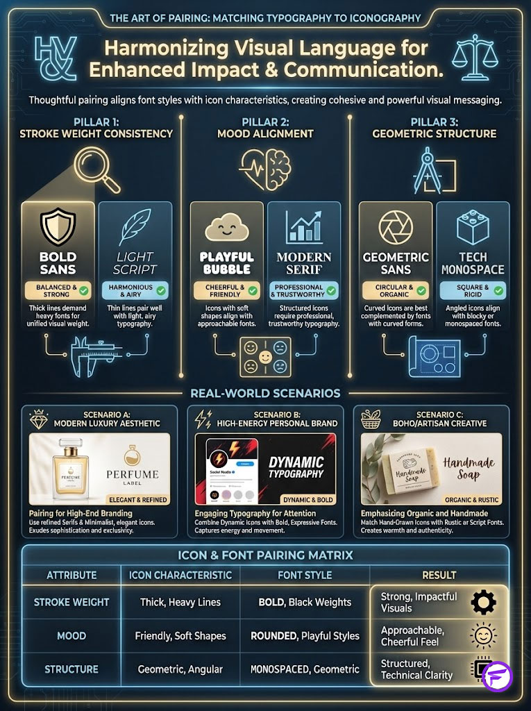 Infographic illustrating typography and icon pairing principles, featuring text, icons, and charts on visual communication.