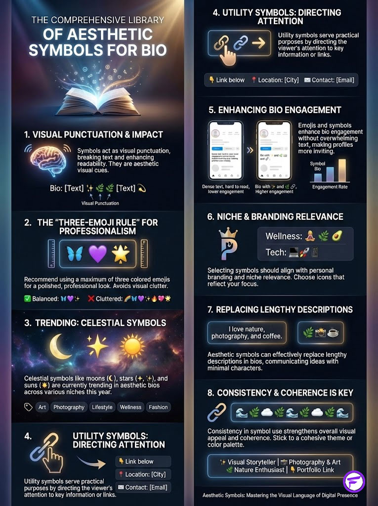 Infographic on aesthetic symbols for bios, featuring tips, charts, and icons for enhancing engagement and clarity.