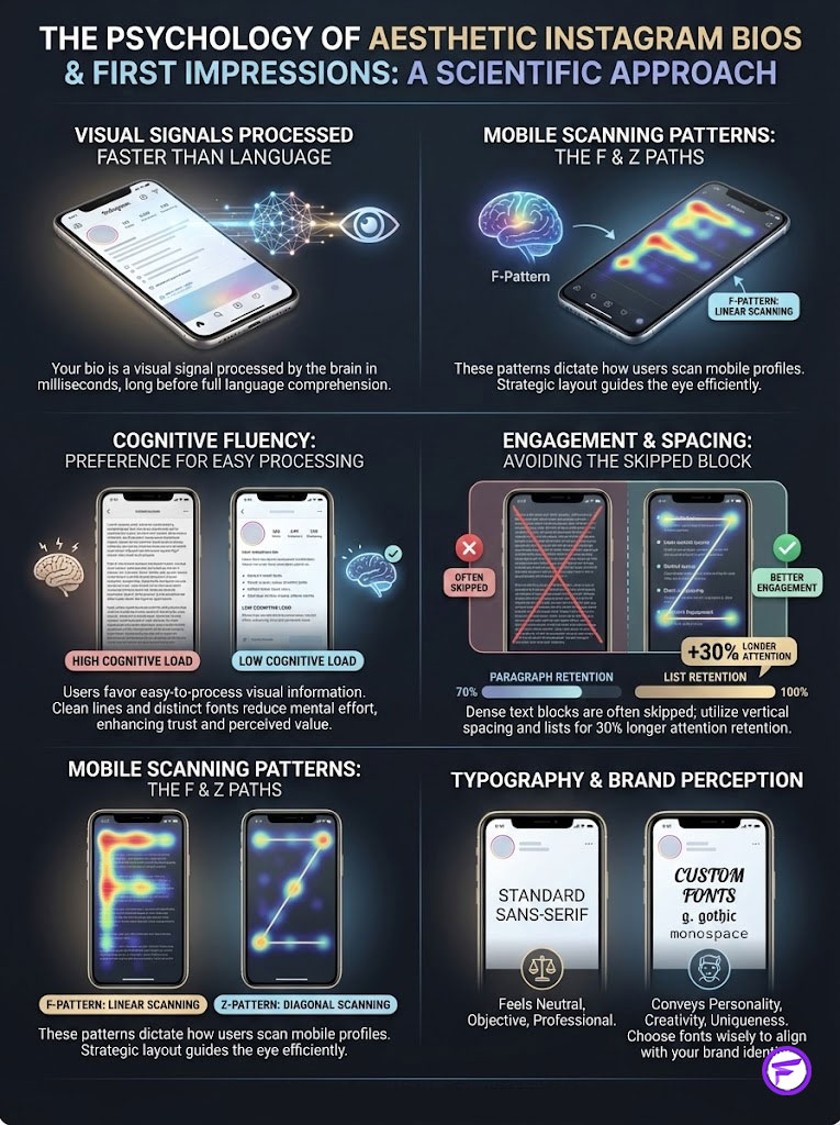 Infographic on the psychology of aesthetic Instagram bios, featuring mobile scanning patterns and typography insights.