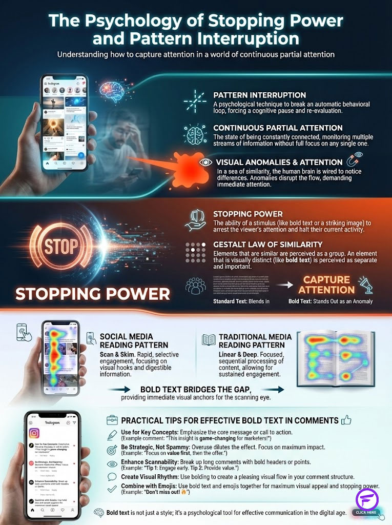 Infographic explaining stopping power and pattern interruption with text, icons, and visual data on attention capture.