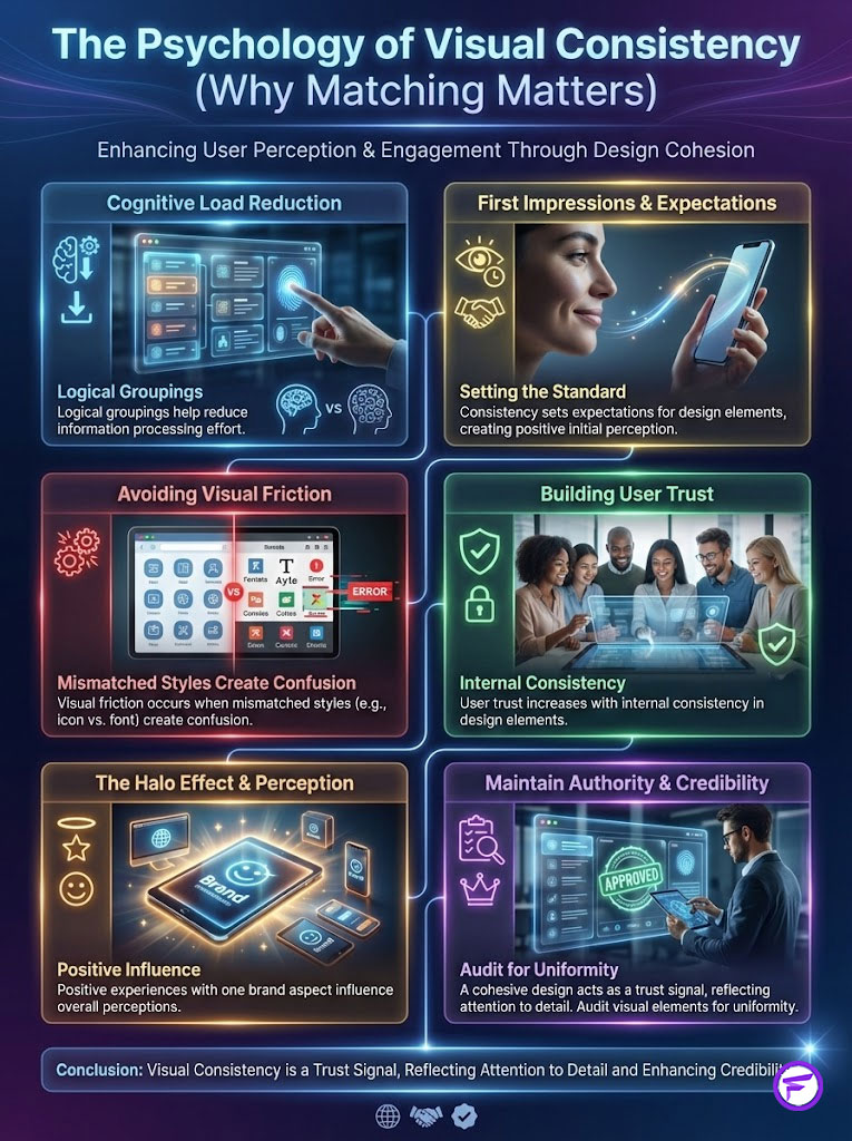 Infographic on visual consistency in design, highlighting cognitive load reduction, user trust, and authority maintenance.