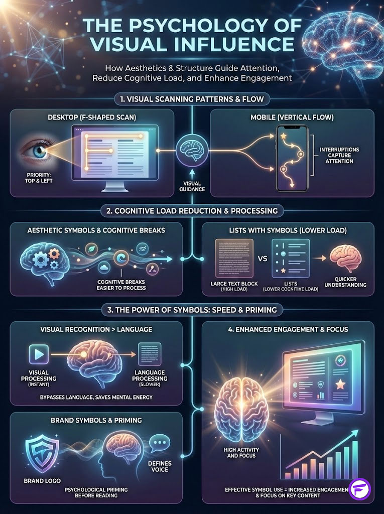 Infographic illustrating the psychology of visual influence with charts on scanning patterns, cognitive load, and symbols.