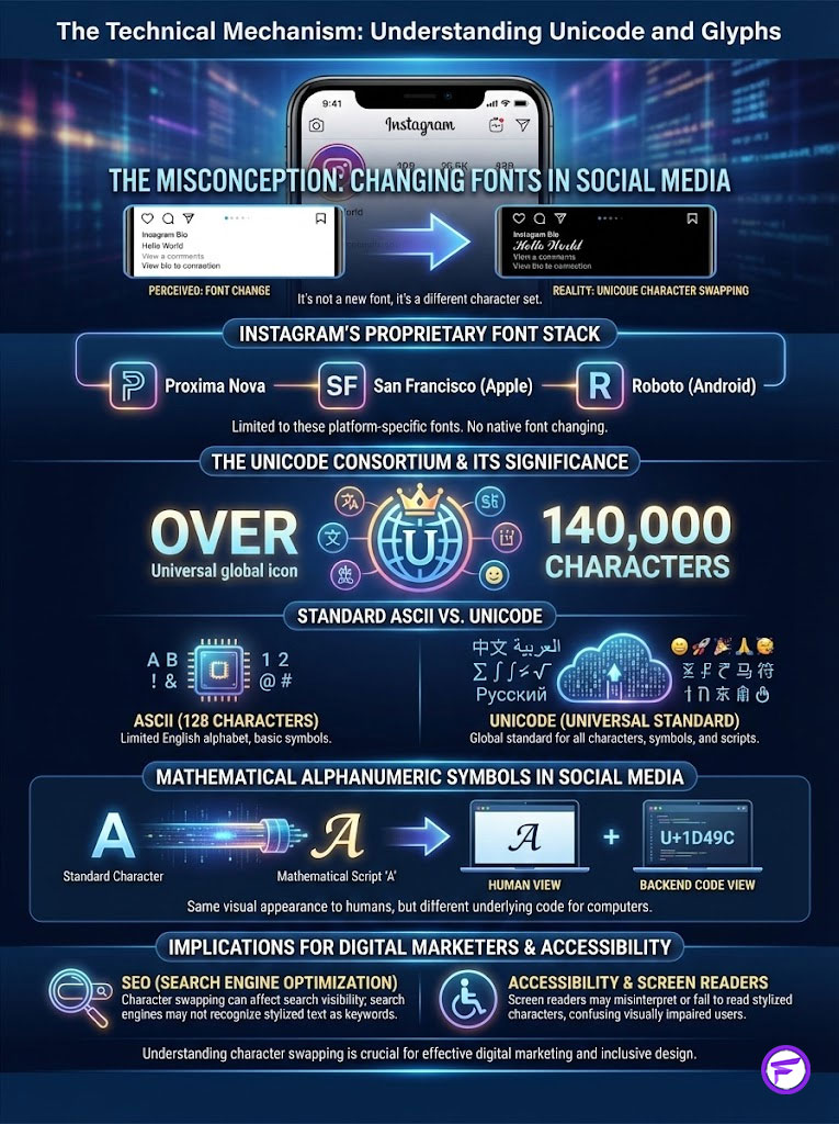 Infographic explaining Unicode and glyphs, featuring Instagram's font stack and character swapping details.