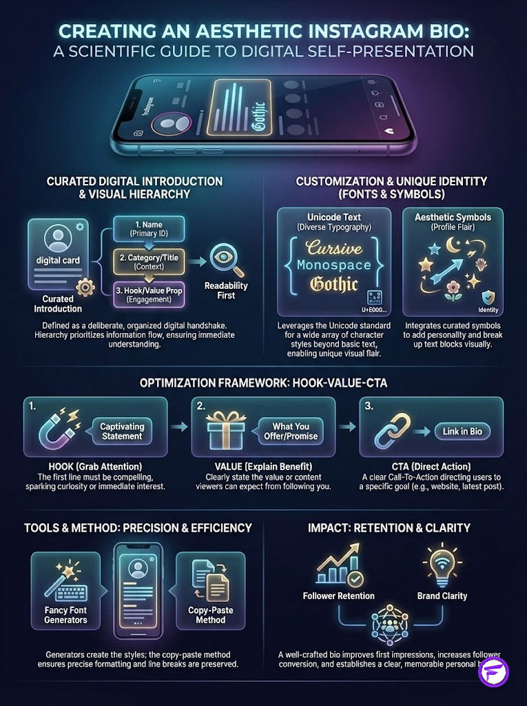 Infographic on creating an aesthetic Instagram bio with sections on digital introduction, customization, and optimization strategies.