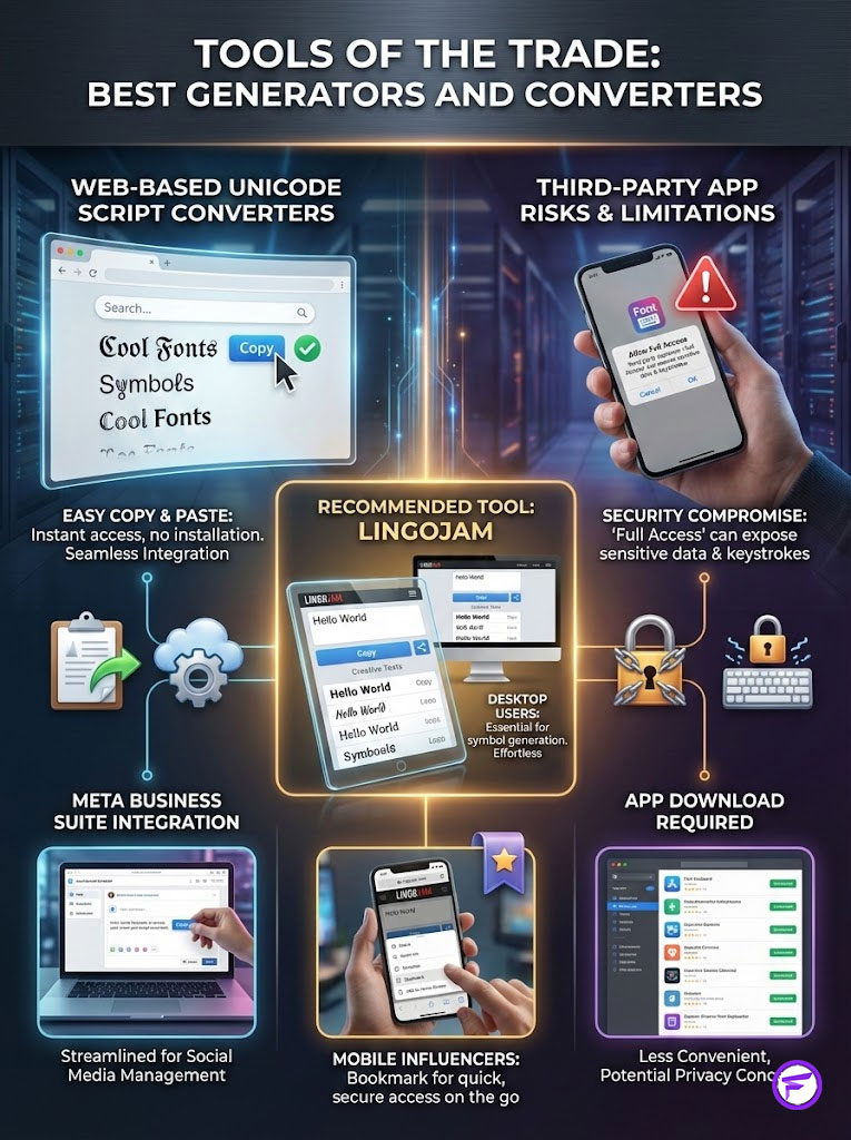 Infographic showing tools for Unicode script converters, highlighting LingoJam and security risks of third-party apps.