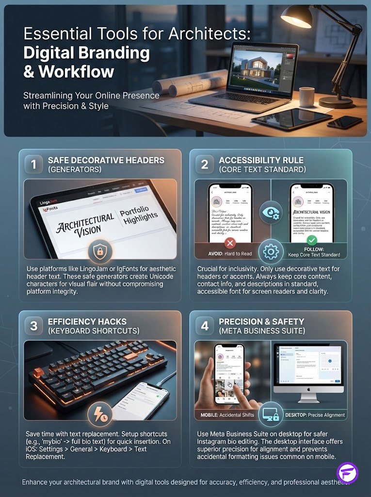 Infographic detailing essential tools for architects, including headers, accessibility, shortcuts, and safety measures.