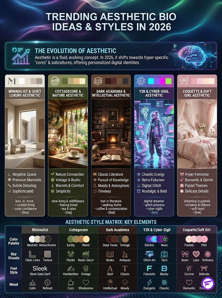 Infographic showing trending aesthetic bio ideas and styles for 2026, featuring various aesthetics and key elements.