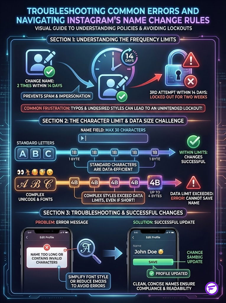 Infographic explaining Instagram's name change rules, including frequency limits, character limits, and troubleshooting tips.
