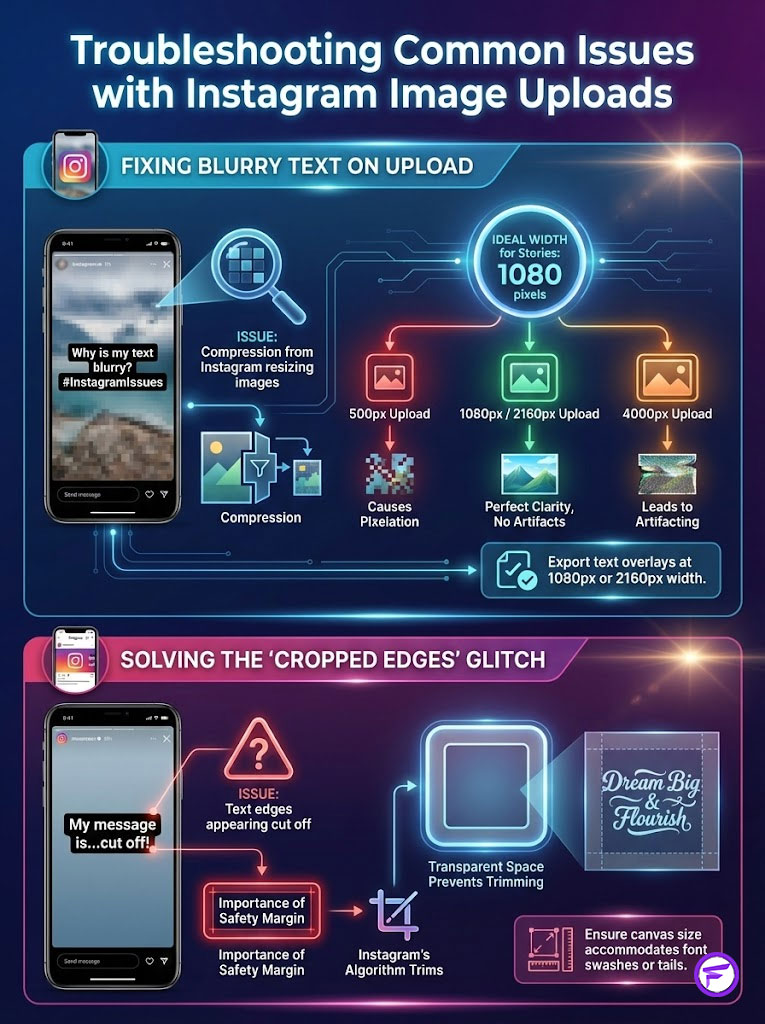 Infographic on troubleshooting Instagram image upload issues, featuring text, icons, and charts on clarity and cropping.