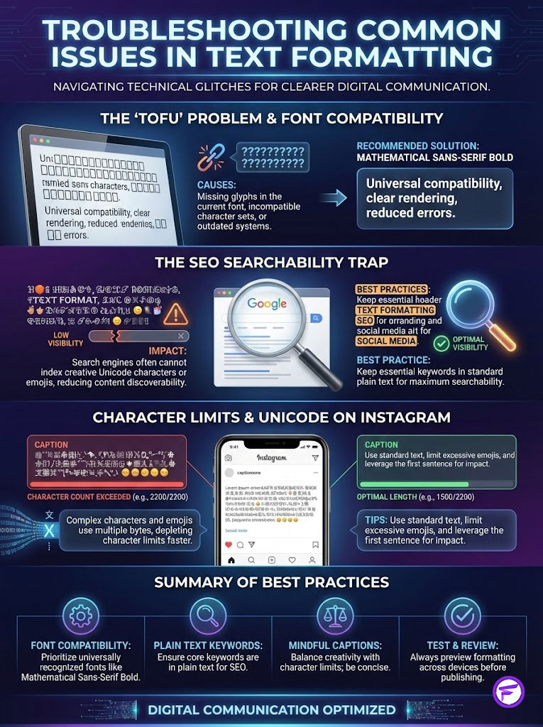Infographic detailing troubleshooting text formatting issues, including font compatibility and SEO searchability tips.